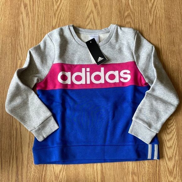 Adidas Colorblock Stripe Logo Crewneck Pullover Gray Medium 10/12 - Picture 1 of 7